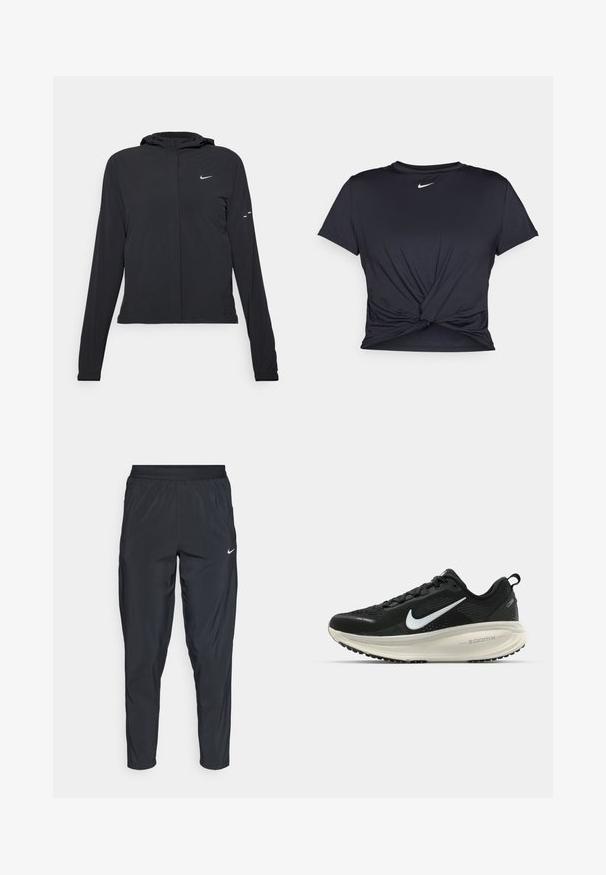 Mustassa hupparissa on pitkät hihat, ja se on valmistettu kevyestä materiaalista. Siinä on edessä vetoketju, Nike-logo ja hillityt muotoiluyksityiskohdat.; Musta urheilu T-paita, joka on valmistettu sileästä kankaasta, jossa on solmittu etuosa ja pieni valkoinen Nike-logo rinnassa.; Mustat urheiluhousut, joissa on elastinen vyötärö, kapenevat lahkeet ja pieni valkoinen logo vasemmassa reidessä. Kevyt, sileä kangas.; Mustat Nike-juoksukengät, joissa on hengittävä verkko-osa, valkoinen swoosh-logo, teksturoitu yksityiskohtaus ja kermaisen värinen ZoomX-välipohja.