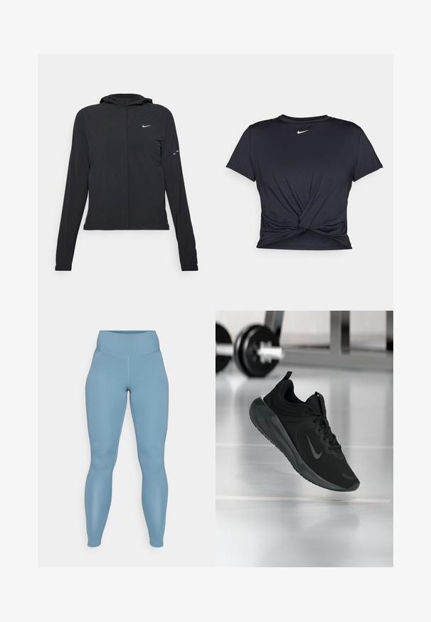 Crna jakna s kapuljačom i dugim rukavima, izrađena od laganog materijala. Ima prednji patentni zatvarač, Nike logo i suptilne dizajnerske detalje.; Crni trenirac s kratkim rukavima izrađen od glatkog materijala, s čvorastim dizajnom sprijeda i malim bijelim Nike logotipom na prsima.; Plave visoke tajice izrađene od glatkog, elastičnog materijala. Imaju oblik koji se prilagođava tijelu i bezšavno su dizajnirane s blagim sjajem.; Crna sportska tenisica s Nike logotipom, prikazana u zraku na podu teretane, s mutnom stalcem za bučice u pozadini.