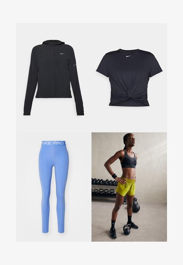 Black hooded jacket with long sleeves, made from lightweight material. Features a front zipper, a Nike logo, and subtle design accents.; Black athletic t-shirt made of smooth fabric, featuring a knotted front design and a small white Nike logo on the chest.; Nike Pro leggings, solid light blue, elastic waistband with white "NIKE PRO" text, smooth texture, form-fitting design.; Black sports bra, bright yellow shorts with an elastic waistband, black athletic shoes, and wristbands, standing beside kettlebells.