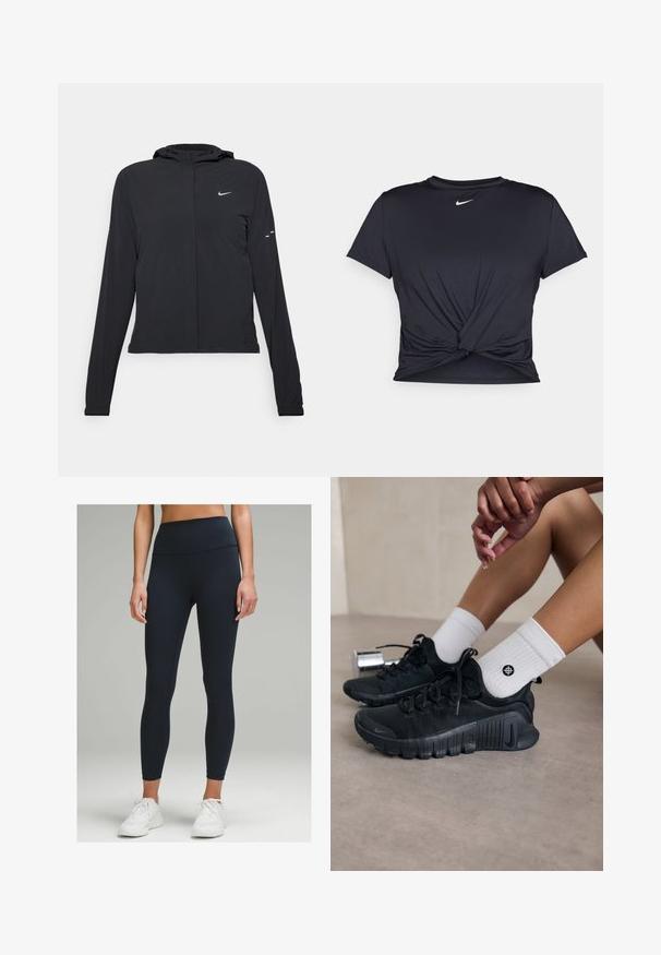 Jachetă neagră cu glugă, cu mâneci lungi, fabricată din material ușor. Dispune de un fermoar frontal, un logo Nike și accente de design subtile.; Tricou sport negru din material neted, cu un design frontal legat și un mic logo Nike alb pe piept.; Colanți cu talie înaltă, cu croi ajustat, de culoare bleumarin închis, din material elastic. Prezintă o textură netedă și fără modele sau accente vizibile.; Pantofi sport negri din material texturat, cu un design cu sireturi și o talpă proeminentă, asortați cu șosete albe cu model cu nervuri, având un mic logo.