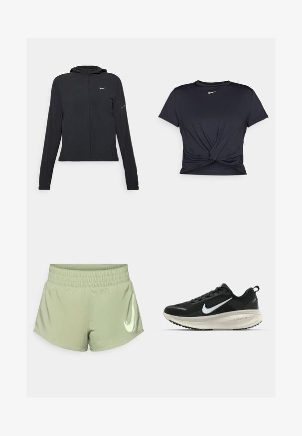 Juodas gobtuvas striukė su ilgomis rankovėmis, pagaminta iš lengvo audinio. Pasižymi priekiniais užtrauktukais, Nike logotipu ir subtiliais dizaino akcentais.; Juodas sportinis marškinėlis, pagamintas iš lygios medžiagos, su surišta priekiu ir mažu baltu Nike logotipu ant krūtinės.; Šviesiai žali sportiniai šortai su elastine juosta, ant apatinės dešinės pusės ryškiai matomas balto Nike swoosh logotipas.; Juodas Nike sportinis batelis su kvėpuojančiu tinklu, baltu swoosh logotipu, tekstūruoto dizaino detalėmis ir grietinėlės spalvos ZoomX viduriu.