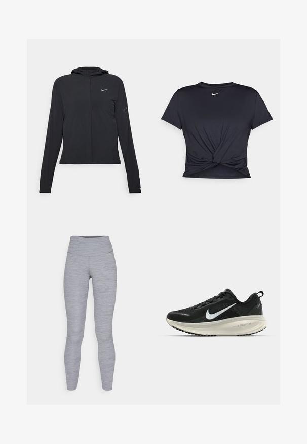 Casaco preto com capuz e mangas longas, feito de material leve. Apresenta um fecho dourado na frente, um logótipo da Nike e detalhes de design subtis.; T-shirt atlético preto feito de tecido liso, apresentando um design frontal com nó e um pequeno logótipo branco da Nike no peito.; Leggings atléticos cinzentos com uma cintura alta, feitos de um tecido texturizado com um padrão heathered subtil. Silhueta justa.; Sapatilha de corrida Nike preta com parte superior de malha respirável, logotipo Swoosh branco, detalhes texturizados e uma entressola ZoomX na cor creme.