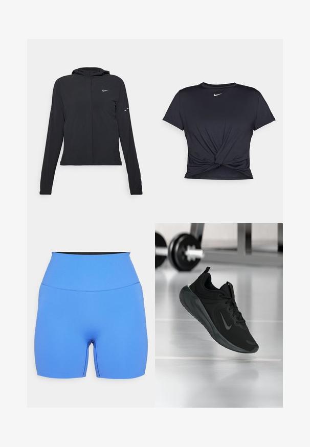 Casaco preto com capuz e mangas longas, feito de material leve. Apresenta um fecho dourado na frente, um logótipo da Nike e detalhes de design subtis.; T-shirt atlético preto feito de tecido liso, apresentando um design frontal com nó e um pequeno logótipo branco da Nike no peito.; Calções desportivos azuis de cintura alta com uma textura suave e costuras recém-finalizadas, apresentando um design frontal aberto e uma faixa preta na cintura.; Sapatilha desportiva preta com o logotipo da Nike, mostrada em pleno ar sobre o chão do ginásio, com um suporte de halteres desfocado ao fundo.
