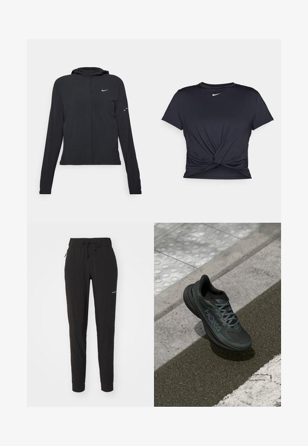 Casaco preto com capuz e mangas longas, feito de material leve. Apresenta um fecho dourado na frente, um logótipo da Nike e detalhes de design subtis.; T-shirt atlético preto feito de tecido liso, apresentando um design frontal com nó e um pequeno logótipo branco da Nike no peito.; Calças de jogging pretas com um cós elástico, cordão ajustável e pockets laterais com fecho. Tecido macio e leve com pernas ajustadas.; Sapatilha de corrida preta com parte superior em malha, detalhes texturizados e logotipo, apresentando uma sola acolchoada e atacadores cinzentos, posicionada sobre o pavimento.