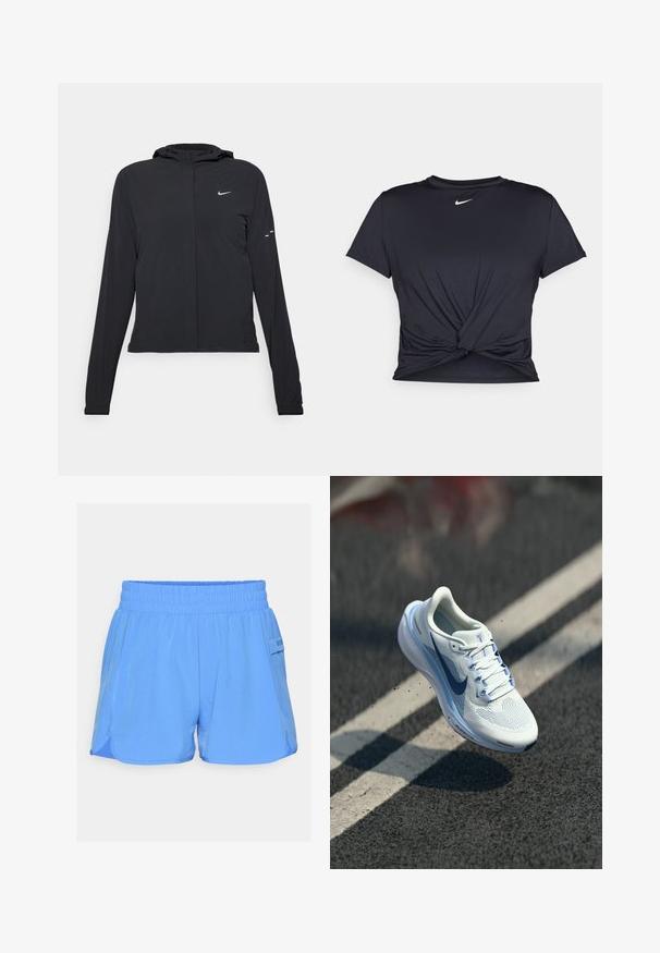 Melnā kapuci jaka ar garām piedurknēm, izgatavota no viegla materiāla. Tam ir priekšējais rāvējslēdzis, Nike logo un smalki dizaina akcenti.; Melna sporta t-kreklu ar gludu audumu, ar mezglošanas priekšpusi un mazu baltu Nike logotipu uz krūšu daļas.; Gaiši zili sporta šorti ar elastīgu jostasvītru, sānu kabatām un kontrastējošu šuvju detaļām. Gluda tekstūra ar brīvu piegriezumu.; Balts sporta apavi ar elpojošu sietu augšdaļu un zilu akcentu. Iezīmēts ar mīkstu zoli un plakaniem šņorēm. Viduszolei ir "Air Zoom" zīmols.