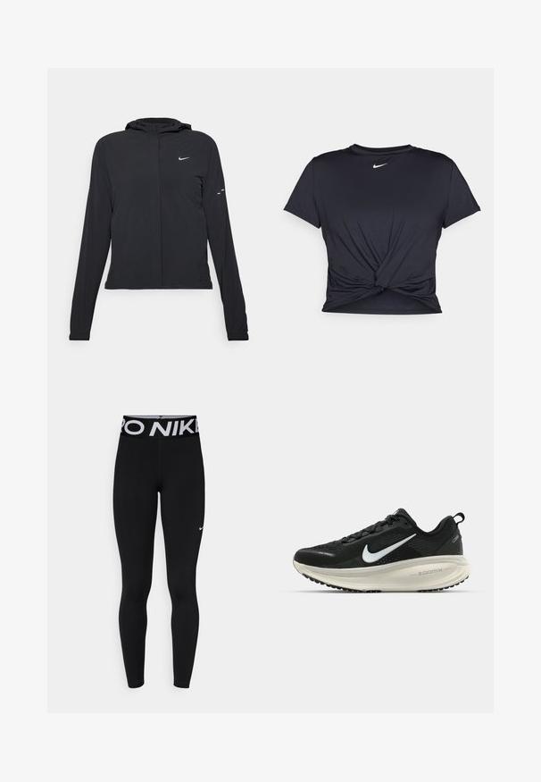 Čierna kapucňová bunda s dlhou rukávou, vyrobená z ľahkého materiálu. Má predný zips, logo Nike a jemné dizajnové akcenty.; Čierne atletické tričko vyrobené z hladkej tkaniny, so zaväzovaným predným dizajnom a malým bielym logom Nike na hrudi.; Čierne legíny so širokým elastickým pásom, na ktorom je biele písmo "PRO NIKE", vyrobené z hladkého a elastického materiálu, s malým logom.; Čierne bežecké topánky Nike s priedušnou sieťovinou, bielym logom s symbolom swoosh, textúrovanými detailmi a krémovou ZoomX medzipodrážkou.