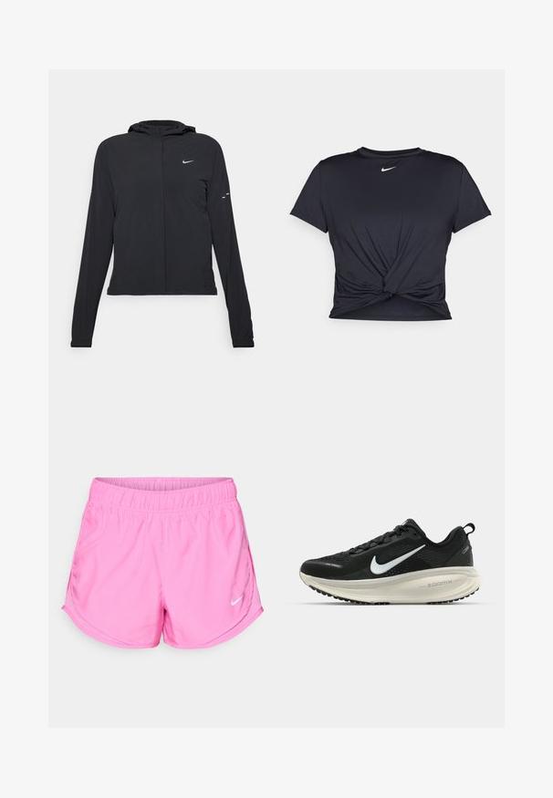 Casaco preto com capuz e mangas longas, feito de material leve. Apresenta um fecho dourado na frente, um logótipo da Nike e detalhes de design subtis.; T-shirt atlético preto feito de tecido liso, apresentando um design frontal com nó e um pequeno logótipo branco da Nike no peito.; Calções atléticos cor-de-rosa feitos de tecido leve, com um cós elástico e um logótipo da Nike em branco no canto inferior esquerdo.; Sapatilha de corrida Nike preta com parte superior de malha respirável, logotipo Swoosh branco, detalhes texturizados e uma entressola ZoomX na cor creme.