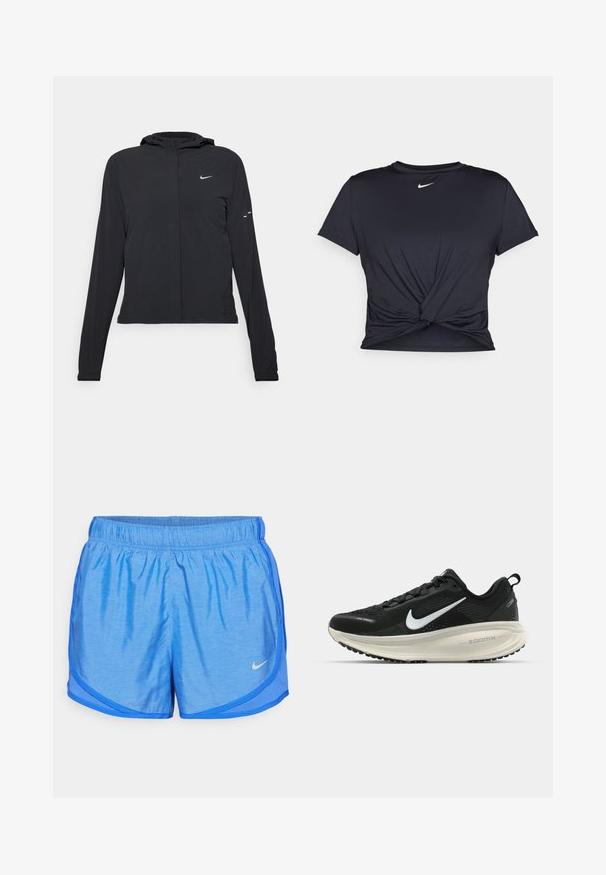 Must musta kapuutsiga jakk, millel on pikad varrukad ja mis on valmistatud kergetest materjalidest. Omab esitaskut, Nike logo ja kergelt silmatorkavaid disainiaktsente.; Mustmust musta sportlik T-särk, mis on valmistatud sujuvast kangast, millel on sõlmega esikülg ja väike valge Nike logo rinnal.; Sinised spordilühikesed püksid elastse vöökohtaga, kerge kangaga, kaarjasäärtega ja kontrastsete külje paneelidega. Nike logo alumisel vasakul.; Musthave mustus Nike jooksujalats, millel on hingav võrgust ülemine osa, valge swoosh logo, tekstuuriga detailid ja kreemja värvusega ZoomX vahevöö.