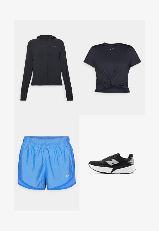 Čierna kapucňová bunda s dlhou rukávou, vyrobená z ľahkého materiálu. Má predný zips, logo Nike a jemné dizajnové akcenty.; Čierne atletické tričko vyrobené z hladkej tkaniny, so zaväzovaným predným dizajnom a malým bielym logom Nike na hrudi.; Modré športové šortky s elastickým pásom, ľahká tkanina, zakrivený lem a kontrastný detail bočnej panely. Logo Nike na dolnej ľavej strane.; Čierno-biele bežecké topánky New Balance s hrubou podrážkou, sieťovinovým zvrškom a logom "N" na boku, zobrazené z vonkajšej strany.