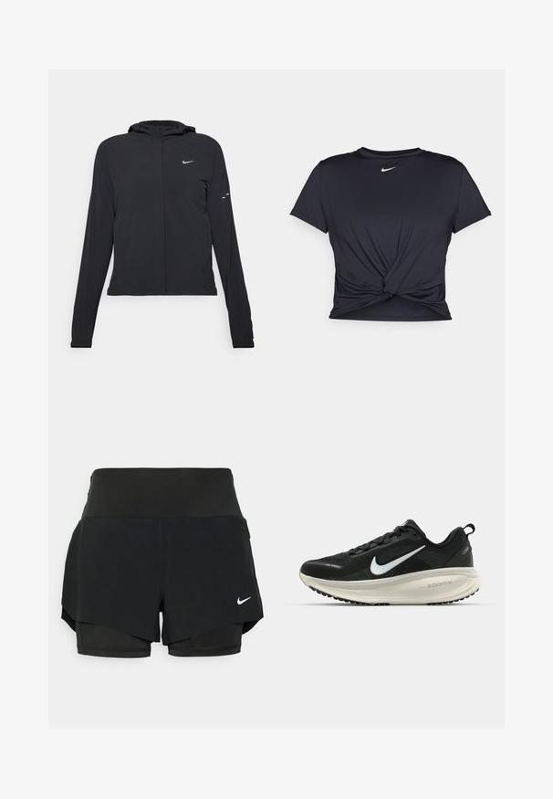 Veste à capuche noire avec des manches longues, fabriquée en matériau léger. Elle comporte une fermeture éclair à l'avant, un logo Nike et des accents de design subtils.; T-shirt de sport noir en tissu lisse, avec un design avant noué et un petit logo Nike blanc sur la poitrine.; Shorts de sport noirs avec un design en couches, comprenant un short intérieur et un revêtement extérieur, fabriqués dans un tissu léger et extensible.; Baskets de course noir Nike avec tige respirante en mesh, logo swoosh blanc, détails texturés et semelle intermédiaire ZoomX de couleur crème.