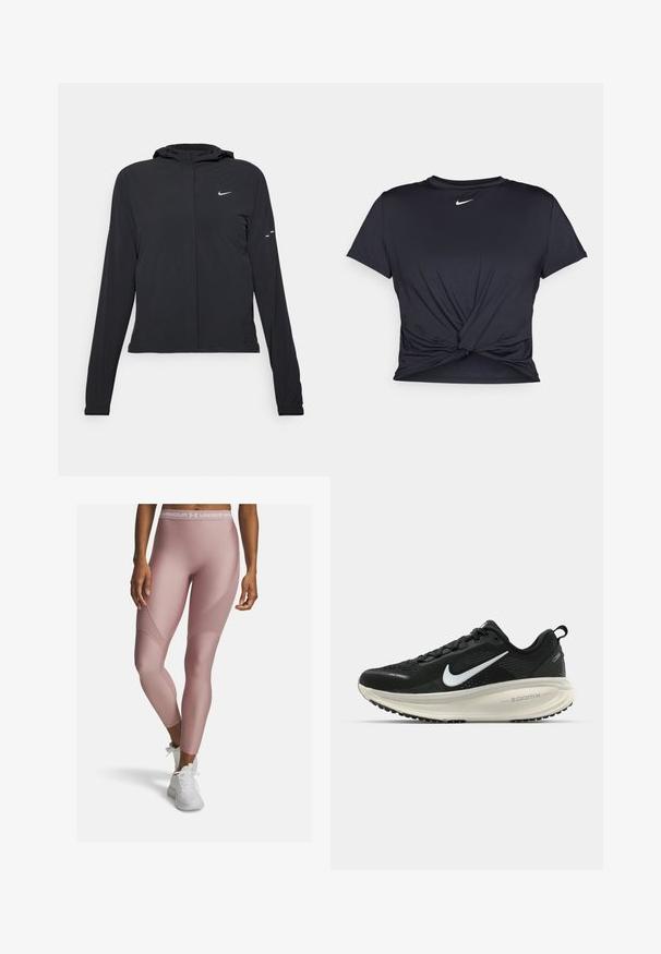 Must musta kapuutsiga jakk, millel on pikad varrukad ja mis on valmistatud kergetest materjalidest. Omab esitaskut, Nike logo ja kergelt silmatorkavaid disainiaktsente.; Mustmust musta sportlik T-särk, mis on valmistatud sujuvast kangast, millel on sõlmega esikülg ja väike valge Nike logo rinnal.; Heledad roosa sportlikud retuusid, mis on valmistatud venivast kangast. Omavad kõrget vöökohta koos valge brändimisega ning tekstuurseid paneele külgedel.; Musthave mustus Nike jooksujalats, millel on hingav võrgust ülemine osa, valge swoosh logo, tekstuuriga detailid ja kreemja värvusega ZoomX vahevöö.