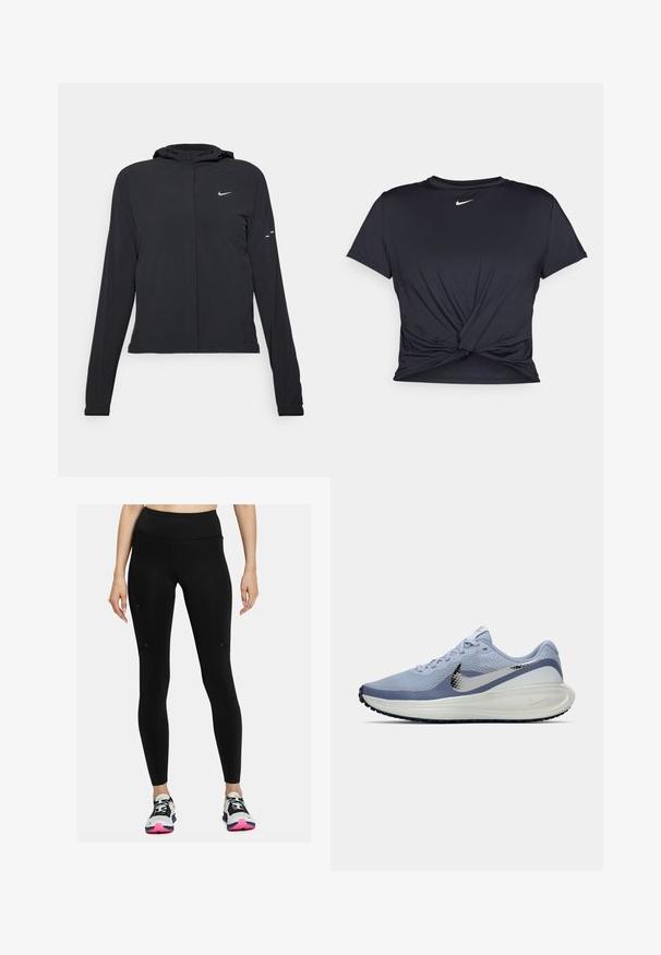 Melnā kapuci jaka ar garām piedurknēm, izgatavota no viegla materiāla. Tam ir priekšējais rāvējslēdzis, Nike logo un smalki dizaina akcenti.; Melna sporta t-kreklu ar gludu audumu, ar mezglošanas priekšpusi un mazu baltu Nike logotipu uz krūšu daļas.; Melnas legingu bikses ar augstu jostasvietu, gludu tekstūru un minimālistisku dizainu. Iespējamas sānu kabatas un dūriena detaļas.; Gaiši zila un balta Nike skrienošā apavi ar sudraba Swoosh logotipu, elpojošs sietiņaudums augšdaļā, mīksta zole un melna ārējā zole.