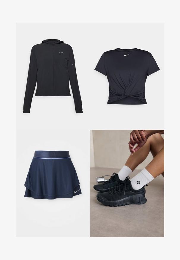 Juodas gobtuvas striukė su ilgomis rankovėmis, pagaminta iš lengvo audinio. Pasižymi priekiniais užtrauktukais, Nike logotipu ir subtiliais dizaino akcentais.; Juodas sportinis marškinėlis, pagamintas iš lygios medžiagos, su surišta priekiu ir mažu baltu Nike logotipu ant krūtinės.; Tamsiai mėlyna sportinė sijonas, pagamintas iš dryžuotos medžiagos, su plačiu apvadu, flared dizainu ir baltu Nike logotipu apačioje.; Juodi sportiniai bateliai su tekstūruota medžiaga, raištelių dizainu ir ryškiu padu, derinami su baltais raukšlėtais kojiniais, turinčiais mažą logotipą.