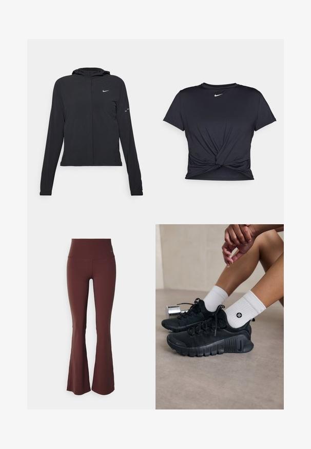 Črna kapuča s dolgimi rokavi, izdelana iz lahkega materiala. Ima sprednji zadrgo, logotip Nike in subtilne oblikovne detajle.; Črna atletska majica iz gladkega materiala, z vozlanim sprednjim delom in majhnim belim logotipom Nike na prsih.; Bordo raztegljive hlače s širokimi hlačnicami in visokim pasom. Imajo majhen moder logotip na zgornji levi strani.; Črne športne čevlje z teksturirano tkanino, vezanim dizajnom in izrazitim podplatom, v kombinaciji z belimi rebrastimi nogavicami z majhnim logotipom.
