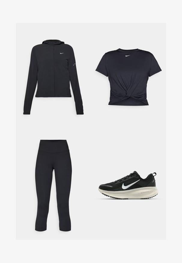Sort hættetrøje med lange ærmer, lavet af letvægtsmateriale. Har en frontlynlås, et Nike-logo og subtile designaccenter.; Sort atletisk t-shirt lavet af glat stof, med et knyttet frontdesign og et lille hvidt Nike-logo på brystet.; Sorte cropped leggings lavet af stretchy materiale, med en høj talje og blød tekstur, uden synlige mønstre eller hardware.; Sort Nike løbesko med åndbart mesh-overdel, hvidt swoosh-logo, tekstureret detaljering og en cremede ZoomX mellemsål.