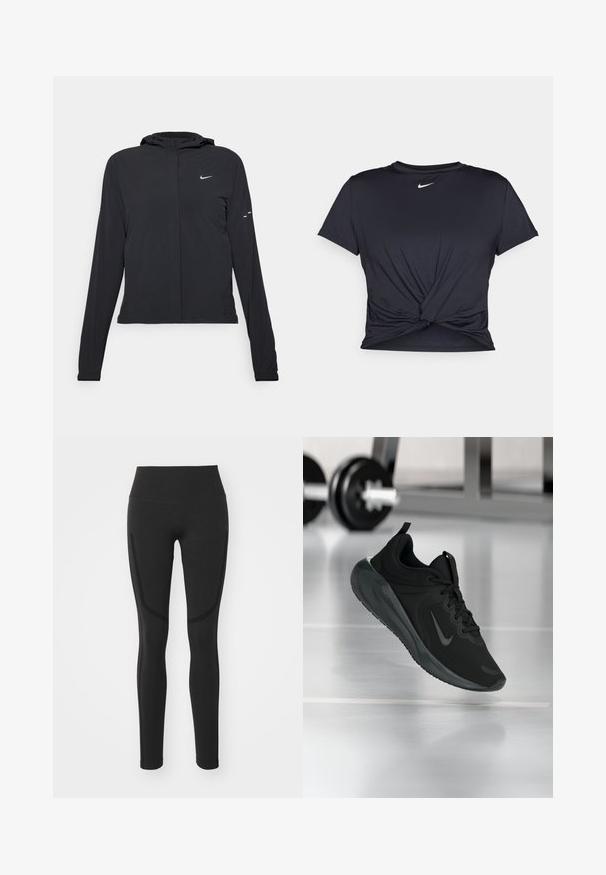 Giacca nera con cappuccio e maniche lunghe, realizzata in materiale leggero. Presenta una zip frontale, il logo Nike e accenti di design sottili.; Maglietta atletica nera realizzata in tessuto liscio, con un design anteriore annodato e un piccolo logo Nike bianco sul petto.; Leggings neri con vita alta, tessuto morbido e dettaglio in pannello laterale a contrasto. Design aderente che si estende fino alla caviglia.; Sneaker sportivo nero con logo Nike, mostrato in volo su un pavimento da palestra, con un supporto per pesi sfocato sullo sfondo.