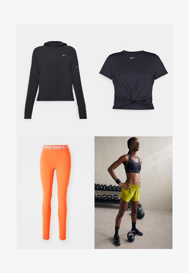 Black hooded jacket with long sleeves, made from lightweight material. Features a front zipper, a Nike logo, and subtle design accents.; Black athletic t-shirt made of smooth fabric, featuring a knotted front design and a small white Nike logo on the chest.; Orange athletic leggings with a fitted design, made from stretchy material. Features a white branded waistband and small logo on the side.; Black sports bra, bright yellow shorts with an elastic waistband, black athletic shoes, and wristbands, standing beside kettlebells.