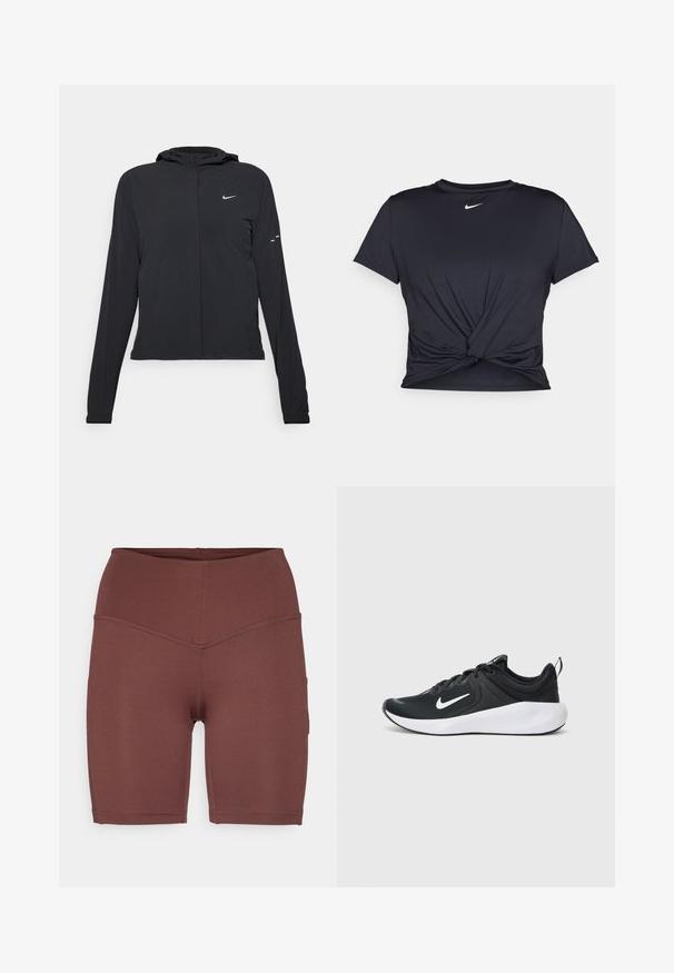 Fekete kapucnis dzseki hosszú ujjakkal, könnyű anyagból készült. Elülső cipzárral, Nike logóval és diszkrét dizájn elemekkel rendelkezik.; Fekete sportpóló sima anyagból, elöl megkötős dizájnnal, a mellkason egy kis fehér Nike logóval.; Sötétbarna, magas derekú kerékpáros nadrág, rugalmas anyagból készült, sima textúrával és testhez simuló fazonban, oldalsó zsebekkel.; Fekete sportcipő légáteresztő szövet felsőrésszel, fehér swoosh logóval, sima fehér középtalppal és érdes fekete talppal.