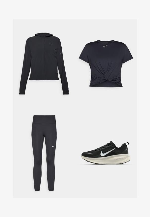 Sort hættetrøje med lange ærmer, lavet af letvægtsmateriale. Har en frontlynlås, et Nike-logo og subtile designaccenter.; Sort atletisk t-shirt lavet af glat stof, med et knyttet frontdesign og et lille hvidt Nike-logo på brystet.; Sorte leggings lavet af strækbart stof, med en høj talje og et hvidt Nike-logo på venstre lår. Glat tekstur, tætsiddende design.; Sort Nike løbesko med åndbart mesh-overdel, hvidt swoosh-logo, tekstureret detaljering og en cremede ZoomX mellemsål.