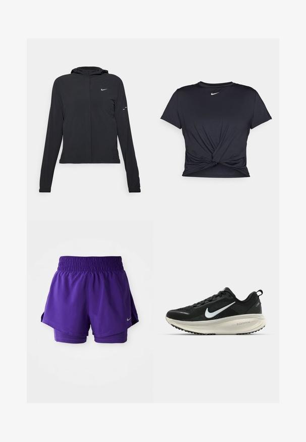Must musta kapuutsiga jakk, millel on pikad varrukad ja mis on valmistatud kergetest materjalidest. Omab esitaskut, Nike logo ja kergelt silmatorkavaid disainiaktsente.; Mustmust musta sportlik T-särk, mis on valmistatud sujuvast kangast, millel on sõlmega esikülg ja väike valge Nike logo rinnal.; Lilla kahekordne jooksupükside paar elastse vöökohtadega ja väikese hõbedase Nike swoosh'iga alumisel vasakul äärel.; Musthave mustus Nike jooksujalats, millel on hingav võrgust ülemine osa, valge swoosh logo, tekstuuriga detailid ja kreemja värvusega ZoomX vahevöö.