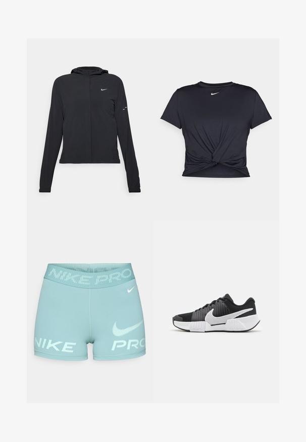 Veste à capuche noire avec des manches longues, fabriquée en matériau léger. Elle comporte une fermeture éclair à l'avant, un logo Nike et des accents de design subtils.; T-shirt de sport noir en tissu lisse, avec un design avant noué et un petit logo Nike blanc sur la poitrine.; Shorts pour femmes de couleur bleu clair en tissu extensible, dotés d'une large ceinture avec le texte et le logo "NIKE PRO" en blanc.; Baskets de sport noir et blanc avec une tige texturée, un swoosh Nike proéminent et un design de semelle contrasté pour une meilleure adhérence et stabilité.