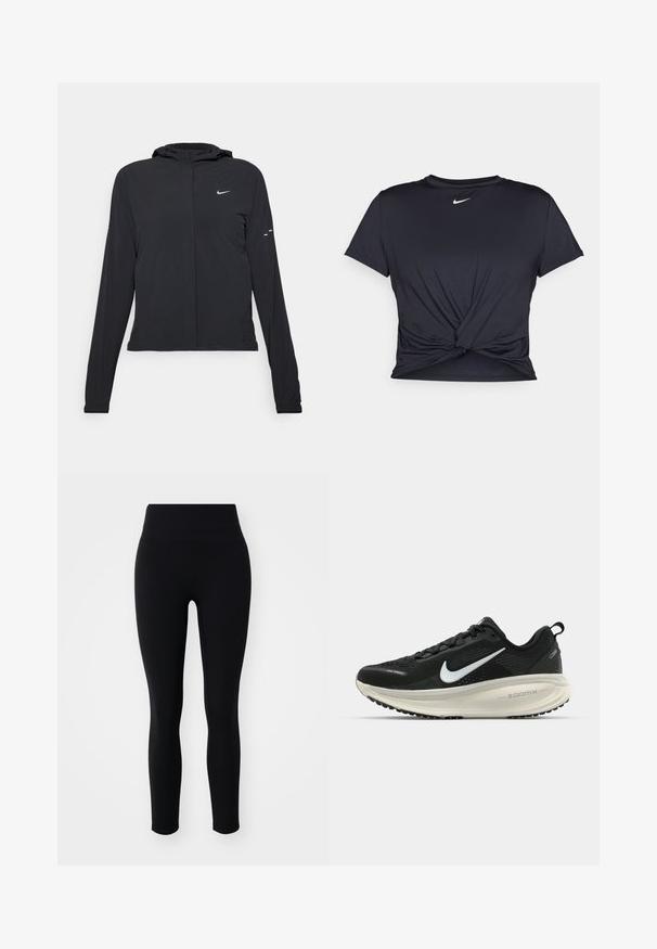 Zwarte kaptrui met lange mouwen, gemaakt van lichtgewicht materiaal. Voorzien van een ritssluiting aan de voorkant, een Nike-logo en subtiele ontwerpelementen.; Zwarte sportieve T-shirt van gladde stof, met een geknoopt ontwerp aan de voorkant en een klein wit Nike-logo op de borst.; Zwarte legging gemaakt van rekbare stof, met een hoge tailleband en een gladde textuur, ontworpen voor comfort en flexibiliteit.; Zwarte Nike hardloopschoen met ademend mesh bovenwerk, witte swoosh-logo, gestructureerde details en een crèmekleurige ZoomX middenzool.