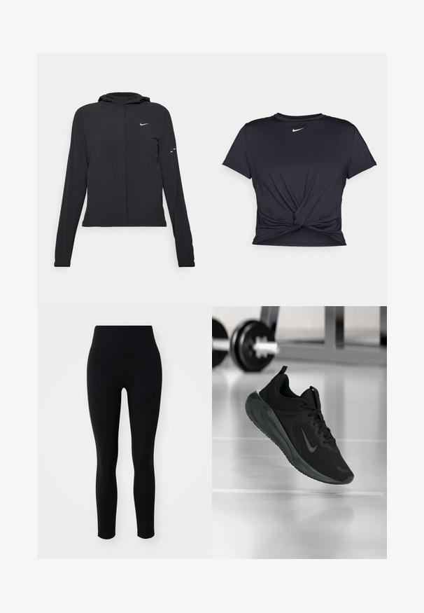 Melnā kapuci jaka ar garām piedurknēm, izgatavota no viegla materiāla. Tam ir priekšējais rāvējslēdzis, Nike logo un smalki dizaina akcenti.; Melna sporta t-kreklu ar gludu audumu, ar mezglošanas priekšpusi un mazu baltu Nike logotipu uz krūšu daļas.; Melnās legingas no elastīgas auduma, ar augstu jostu un gludu faktūru, kas izstrādātas komfortam un elastībai.; Melnas sporta kedas ar Nike logo, rādot gaisā uz sporta zāles grīdas, ar izplūdušu hantelēm fona.