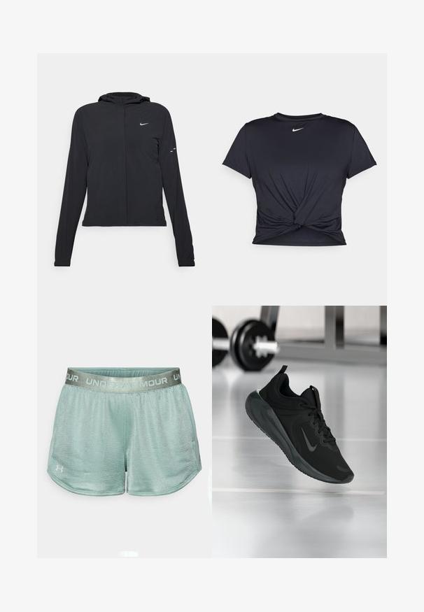 Must musta kapuutsiga jakk, millel on pikad varrukad ja mis on valmistatud kergetest materjalidest. Omab esitaskut, Nike logo ja kergelt silmatorkavaid disainiaktsente.; Mustmust musta sportlik T-särk, mis on valmistatud sujuvast kangast, millel on sõlmega esikülg ja väike valge Nike logo rinnal.; Heledurohelised sportlikud lühikesed püksid tekstuuriga kangast, elastse vöökoha ning "UNDERARMOUR" logo, kergete külje lõigetega hemil.; Mustad mustang spordijalatsid Nike logo'ga, õhus spordisaali põrandal, häguste hantlite riiulitega taustal.