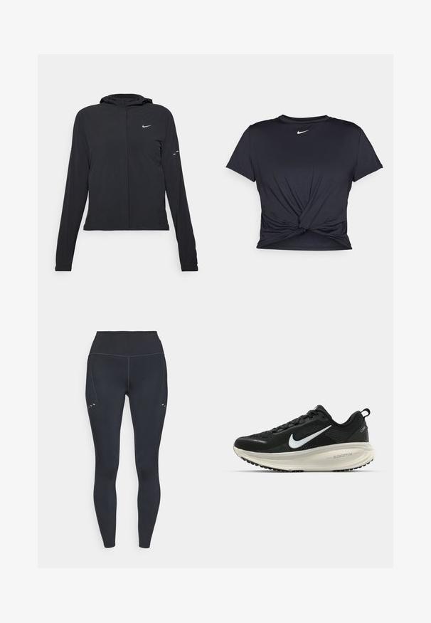 Melnā kapuci jaka ar garām piedurknēm, izgatavota no viegla materiāla. Tam ir priekšējais rāvējslēdzis, Nike logo un smalki dizaina akcenti.; Melna sporta t-kreklu ar gludu audumu, ar mezglošanas priekšpusi un mazu baltu Nike logotipu uz krūšu daļas.; Melnas leggingas ar augstu jostasvietu, izgatavotas no elastīga materiāla, ar smalkām šuvēm un nelieliem izgriezumiem augšstilba rajonā.; Melnas Nike skriešanas kurpes ar elpojošu acs augšdaļu, baltu Swoosh logotipu, strukturētu apdari un krēmkrāsas ZoomX starpsole.