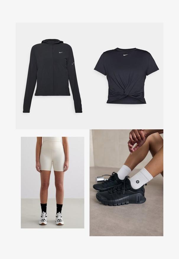 Chaqueta negra con capucha y mangas largas, hecha de un material ligero. Presenta un cierre frontal, un logo de Nike y acentos de diseño sutiles.; Camiseta atlética negra hecha de tela suave, con un diseño de nudo en la parte delantera y un pequeño logo blanco de Nike en el pecho.; Pantalones cortos de talle alto en color beige, confeccionados con una tela suave y elástica. Presentan un diseño ajustado y una longitud a media muslo, combinados con zapatillas blancas y calcetas negras.; Zapatillas deportivas negras con tejido texturizado, diseño de cordones y una suela prominente, combinadas con calcetines blancos de canalé que presentan un pequeño logo.