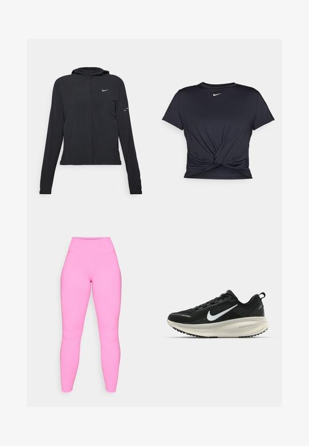 Svart hettegenser med lange ermer, laget av lett materiale. Har glidelås foran, Nike-logo og subtile design detaljer.; Svart trenings T-skjorte laget av glatt stoff, med en knyttet frontdesign og en liten hvit Nike-logo på brystet.; Rosa leggings med høy midje, laget av elastisk materiale. Har sidelommer og en jevn tekstur, som går ned til ankelen.; Svart Nike løpesko med pustende mesh-overdel, hvit swoosh-logo, teksturert detaljer og en kremfarget ZoomX mellomsåle.