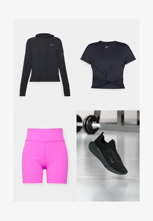 Fekete kapucnis dzseki hosszú ujjakkal, könnyű anyagból készült. Elülső cipzárral, Nike logóval és diszkrét dizájn elemekkel rendelkezik.; Fekete sportpóló sima anyagból, elöl megkötős dizájnnal, a mellkason egy kis fehér Nike logóval.; Fényes rózsaszín, magas derékú, bordázott biciklis sort. Rugalmas anyaga kényelmet biztosít, sima derékrésze és elegáns szabása van.; Fekete sportcipő Nike logóval, amely a levegőben látható az edzőterem padlóján, a háttérben elmosódott kézi súlyzó állvánnyal.