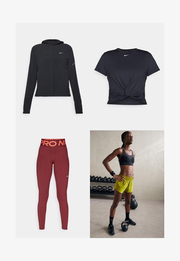 Svart hettegenser med lange ermer, laget av lett materiale. Har glidelås foran, Nike-logo og subtile design detaljer.; Svart trenings T-skjorte laget av glatt stoff, med en knyttet frontdesign og en liten hvit Nike-logo på brystet.; Burgunderfargede leggins med et bredt oransje "PRO NIKE" livbånd. Laget av elastisk stoff, med en liten hvit Nike-logo på nedre del av benet.; Svart sports-bh, lyse gule shorts med elastisk midje, svarte joggesko og håndleddsbånd, står ved siden av kettlebells.