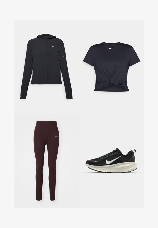 Casaco preto com capuz e mangas longas, feito de material leve. Apresenta um fecho dourado na frente, um logótipo da Nike e detalhes de design subtis.; T-shirt atlético preto feito de tecido liso, apresentando um design frontal com nó e um pequeno logótipo branco da Nike no peito.; Leggings bordô com um cós alto, apresentando uma textura suave, design a comprimento total e um pequeno logotipo no quadril.; Sapatilha de corrida Nike preta com parte superior de malha respirável, logotipo Swoosh branco, detalhes texturizados e uma entressola ZoomX na cor creme.