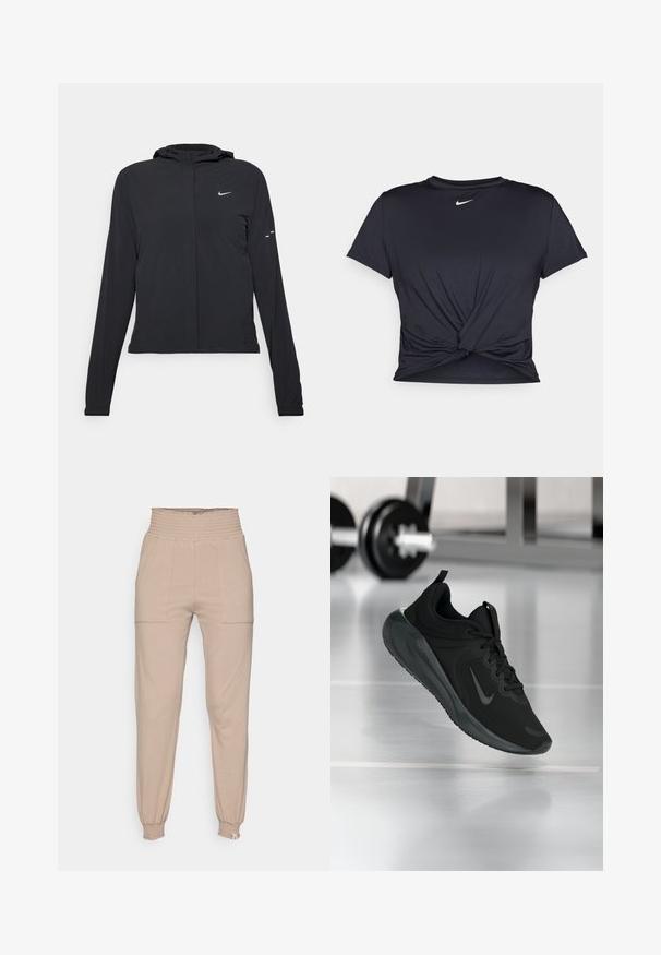 Svart hettegenser med lange ermer, laget av lett materiale. Har glidelås foran, Nike-logo og subtile design detaljer.; Svart trenings T-skjorte laget av glatt stoff, med en knyttet frontdesign og en liten hvit Nike-logo på brystet.; Beige joggebukser med smockliv, to frontlommer, avsmalnende ben og elastiske mansjetter. Laget av myk, lettvektig stoff.; Sorte treningssneakers med Nike-logo, vist midt i luften på gymgulvet, med uskarp manualstativ i bakgrunnen.