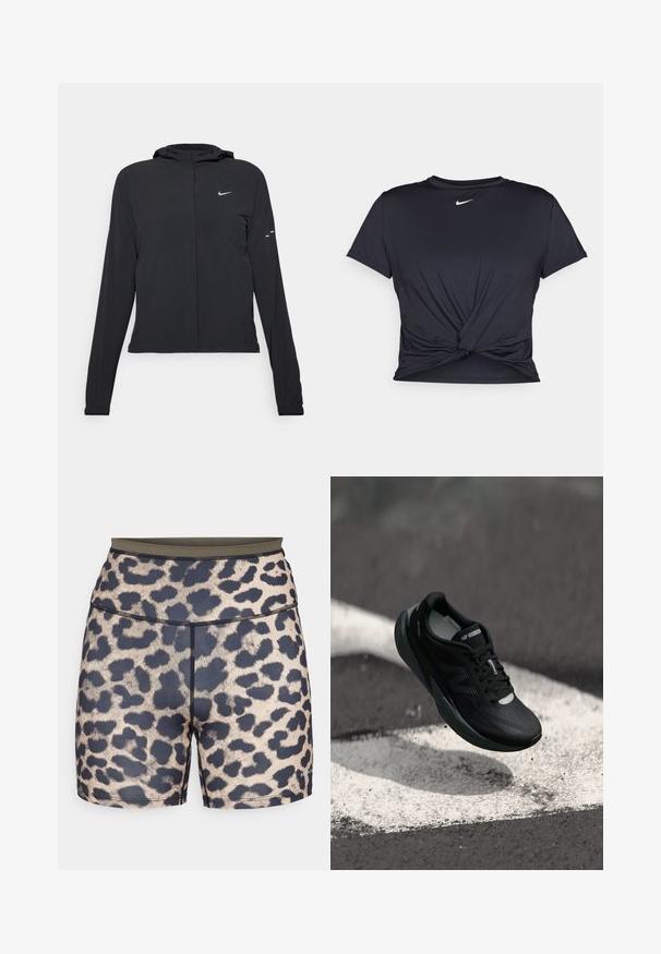 Fekete kapucnis dzseki hosszú ujjakkal, könnyű anyagból készült. Elülső cipzárral, Nike logóval és diszkrét dizájn elemekkel rendelkezik.; Fekete sportpóló sima anyagból, elöl megkötős dizájnnal, a mellkason egy kis fehér Nike logóval.; Leopárdmintás rövidnadrág sötét derékkal, sima szintetikus anyagból készült. Fekete és bézs minták, varrott varratok és logó részlet jellemzi.; Fekete futócipő textúrált felsőrésszel, karcsú dizájnnal és fényvisszaverő részletekkel. Puha, párnázott talppal a kényelem érdekében.