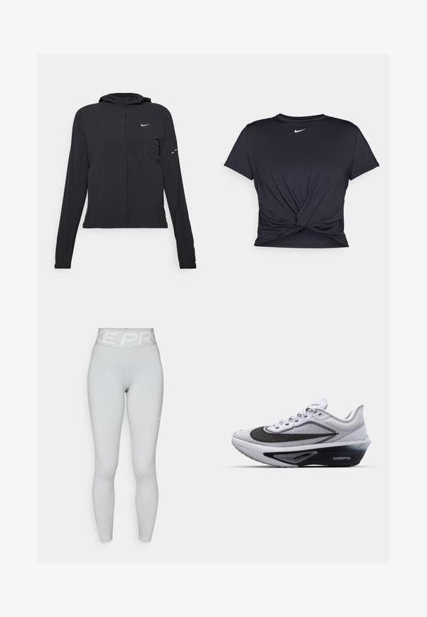 Fekete kapucnis dzseki hosszú ujjakkal, könnyű anyagból készült. Elülső cipzárral, Nike logóval és diszkrét dizájn elemekkel rendelkezik.; Fekete sportpóló sima anyagból, elöl megkötős dizájnnal, a mellkason egy kis fehér Nike logóval.; Világosszürke Nike Pro magas derekú, teljes hosszúságú leggings, logóval a derékpánton és egy kis fehér swooshsal a bal combon.; Fehér sportcipő, hálós felső résszel, fekete ívelt swoosh-zsal, ZoomX párnázott talppal és textúrázott dizájnnal a légáteresztő képesség érdekében.