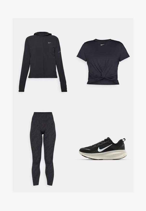 Giacca nera con cappuccio e maniche lunghe, realizzata in materiale leggero. Presenta una zip frontale, il logo Nike e accenti di design sottili.; Maglietta atletica nera realizzata in tessuto liscio, con un design anteriore annodato e un piccolo logo Nike bianco sul petto.; Leggings neri a vita alta con un motivo leopardato testurizzato, realizzati in un materiale elasticizzato, progettati per comfort e flessibilità.; Scarpa da corsa nera Nike con tomaia in rete traspirante, logo Swoosh bianco, dettagli testurizzati e intersuola ZoomX di colore crema.
