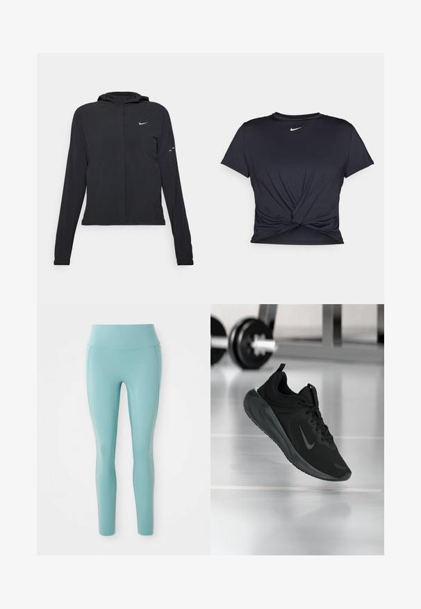 Fekete kapucnis dzseki hosszú ujjakkal, könnyű anyagból készült. Elülső cipzárral, Nike logóval és diszkrét dizájn elemekkel rendelkezik.; Fekete sportpóló sima anyagból, elöl megkötős dizájnnal, a mellkason egy kis fehér Nike logóval.; Világoskék leggings rugalmas anyagból, magas derekú fazonnal és sima, észrevétlen designnal, díszítések nélkül.; Fekete sportcipő Nike logóval, amely a levegőben látható az edzőterem padlóján, a háttérben elmosódott kézi súlyzó állvánnyal.
