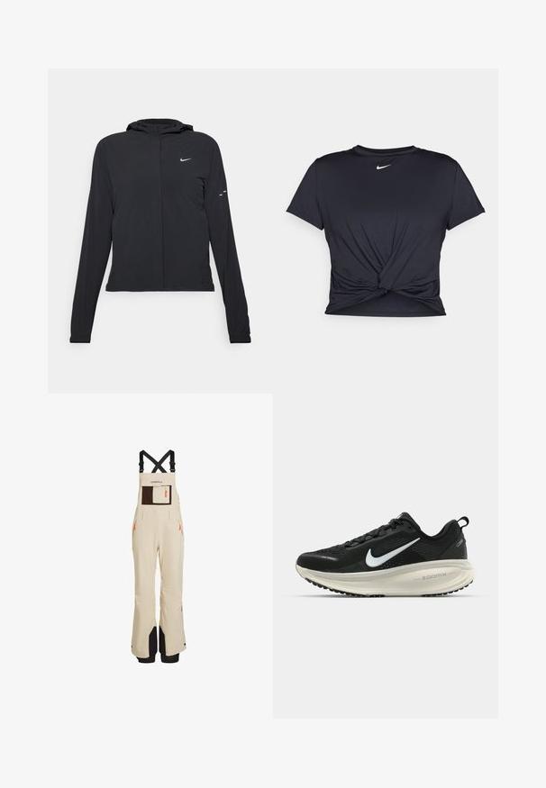 Zwarte kaptrui met lange mouwen, gemaakt van lichtgewicht materiaal. Voorzien van een ritssluiting aan de voorkant, een Nike-logo en subtiele ontwerpelementen.; Zwarte sportieve T-shirt van gladde stof, met een geknoopt ontwerp aan de voorkant en een klein wit Nike-logo op de borst.; Beige sneeuwbroeken met verstelbare zwarte banden, voorzien van een grote bruine borstzak, ritszakken aan de zijkant en zwarte accenten aan de onderkant.; Zwarte Nike hardloopschoen met ademend mesh bovenwerk, witte swoosh-logo, gestructureerde details en een crèmekleurige ZoomX middenzool.