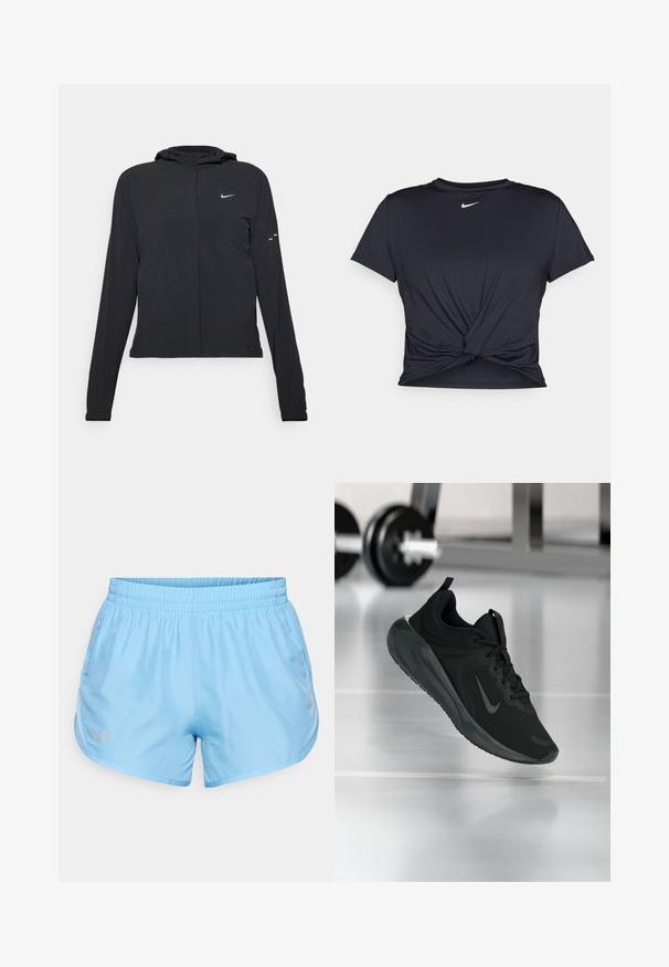 Fekete kapucnis dzseki hosszú ujjakkal, könnyű anyagból készült. Elülső cipzárral, Nike logóval és diszkrét dizájn elemekkel rendelkezik.; Fekete sportpóló sima anyagból, elöl megkötős dizájnnal, a mellkason egy kis fehér Nike logóval.; Világoskék sportnadrág sima anyagból. Rugalmas derékkal és logóval a bal alsó oldalon. Kényelemre és mozgásra lett tervezve.; Fekete sportcipő Nike logóval, amely a levegőben látható az edzőterem padlóján, a háttérben elmosódott kézi súlyzó állvánnyal.