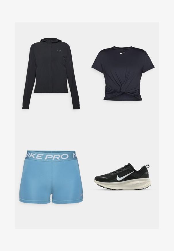 Czarna kurtka z kapturem, z długimi rękawami, wykonana z lekkiego materiału. Posiada zamek błyskawiczny z przodu, logo Nike oraz subtelne akcenty wzornicze.; Czarna sportowa koszulka z gładkiego materiału, z wiązanym przodem i małym białym logo Nike na piersi.; Niebieskie szorty sportowe wykonane z gładkiego, elastycznego materiału. Posiadają szeroki pas z napisem "NIKE PRO" w jasnoniebieskim kolorze oraz małym logo.; Czarna biegowa półbut z oddychającej siateczki, białym logo swoosh, teksturowanymi detalami oraz kremową podeszwą środkową ZoomX.