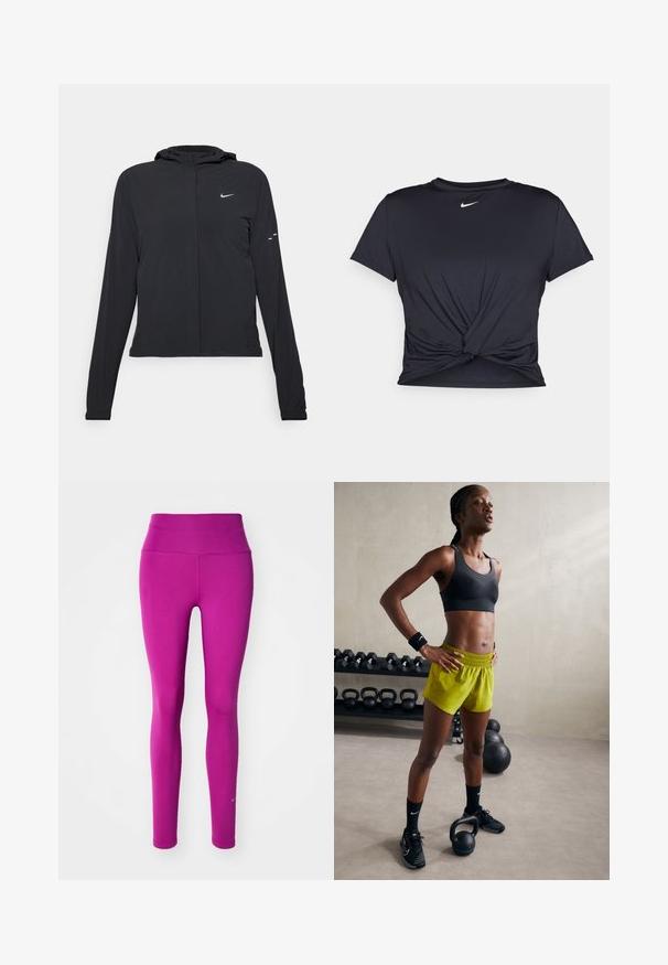 Veste à capuche noire avec des manches longues, fabriquée en matériau léger. Elle comporte une fermeture éclair à l'avant, un logo Nike et des accents de design subtils.; T-shirt de sport noir en tissu lisse, avec un design avant noué et un petit logo Nike blanc sur la poitrine.; Leggings de sport ajustés en rose vif, fabriqués à partir d'un tissu lisse et extensible, avec une taille haute et un logo subtil au bas de la jambe.; Soutien-gorge de sport noir, shorts jaunes éclatants avec une ceinture élastique, chaussures de sport noires et bandeaux, se tenant à côté de kettlebells.