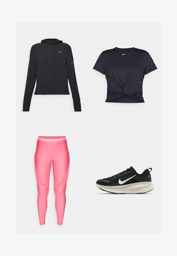 Czarna kurtka z kapturem, z długimi rękawami, wykonana z lekkiego materiału. Posiada zamek błyskawiczny z przodu, logo Nike oraz subtelne akcenty wzornicze.; Czarna sportowa koszulka z gładkiego materiału, z wiązanym przodem i małym białym logo Nike na piersi.; Różowe legginsy sportowe z gładką teksturą, z białym elastycznym pasem w talii z logo "Under Armour" oraz kanciastymi detalami wzorniczymi.; Czarna biegowa półbut z oddychającej siateczki, białym logo swoosh, teksturowanymi detalami oraz kremową podeszwą środkową ZoomX.
