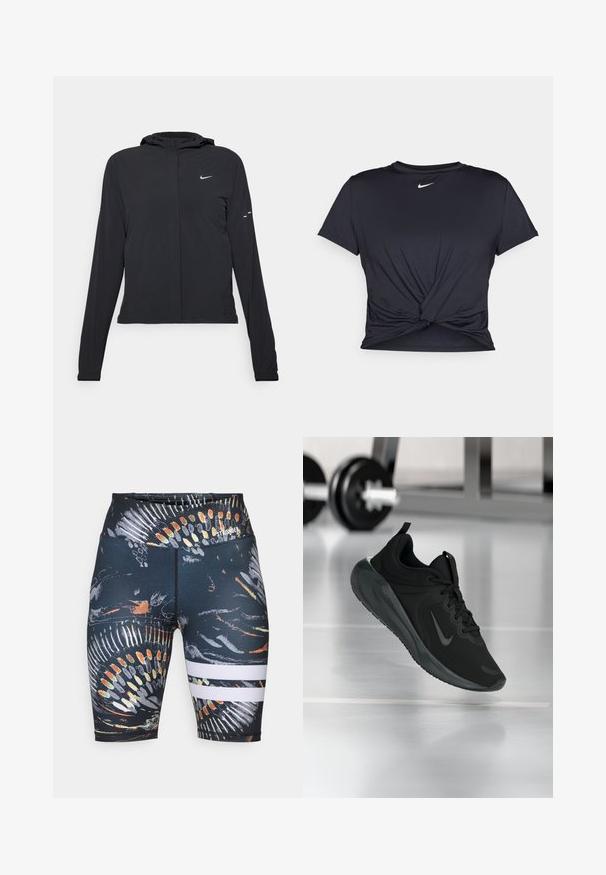 Juodas gobtuvas striukė su ilgomis rankovėmis, pagaminta iš lengvo audinio. Pasižymi priekiniais užtrauktukais, Nike logotipu ir subtiliais dizaino akcentais.; Juodas sportinis marškinėlis, pagamintas iš lygios medžiagos, su surišta priekiu ir mažu baltu Nike logotipu ant krūtinės.; Juodi sportiniai šortai su spalvingu abstrakčiu raštu. Apatinėje dalyje yra dvi baltos horizontalios juostos. Pagaminti iš elastingos medžiagos.; Juodas sportinis sportbačiai su Nike logotipu, pavaizduoti ore virš sporto salės grindų, fone išblurinta hantelių laikiklis.