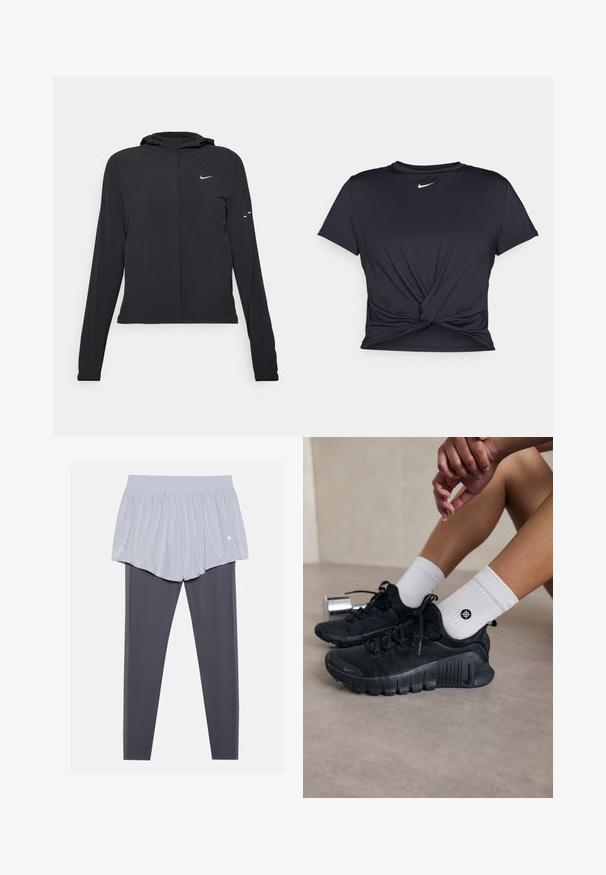Sort hættetrøje med lange ærmer, lavet af letvægtsmateriale. Har en frontlynlås, et Nike-logo og subtile designaccenter.; Sort atletisk t-shirt lavet af glat stof, med et knyttet frontdesign og et lille hvidt Nike-logo på brystet.; Lys grå atletiske shorts med elastisk talje, lagd over mørkegrå leggings. Begge materialer er glatte, strækbare og tætsiddende.; Sorte træningssko med struktureret stof, snørebåndsdesign og en markant sål, parret med hvide ribbede sokker med et lille logo.