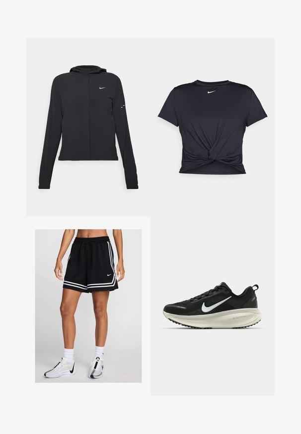 Jachetă neagră cu glugă, cu mâneci lungi, fabricată din material ușor. Dispune de un fermoar frontal, un logo Nike și accente de design subtile.; Tricou sport negru din material neted, cu un design frontal legat și un mic logo Nike alb pe piept.; Shorts de sport negri cu dungi albe, un elastic la talie și un șnur de strângere. Asociați cu adidași și șosete albe și negre.; Pantofii de alergare negri de la Nike, cu parte superioară din plasă respirabilă, logo-ul alb Swoosh, detalii texturate și o talpă intermediară ZoomX de culoare crem.