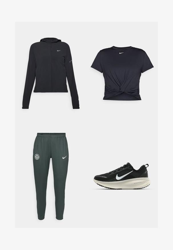 Svart huva jacka med långa ärmar, gjord av lätt material. Har en framdragare, en Nike-logotyp och subtila designelement.; Svart atletisk t-shirt i mjukt tyg, med en knuten framdesign och en liten vit Nike-logga på bröstet.; Mörkgrå träningsbyxor med elastisk midja, som har en Chelsea fotbollsklubb-logga på vänster sida och en vit Nike-swoosh på höger sida.; Svart Nike löparsko med andningsbart mesh-ovandel, vit swoosh-logotyp, texturerad detaljering och en krämfärgad ZoomX-mellansula.