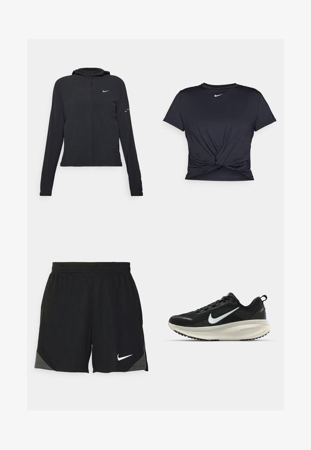 Svart hettegenser med lange ermer, laget av lett materiale. Har glidelås foran, Nike-logo og subtile design detaljer.; Svart trenings T-skjorte laget av glatt stoff, med en knyttet frontdesign og en liten hvit Nike-logo på brystet.; Svart trening shorts laget av lett materiale, med et strukturert mønster, elastisk linning og en hvit Nike-logo ved kanten.; Svart Nike løpesko med pustende mesh-overdel, hvit swoosh-logo, teksturert detaljer og en kremfarget ZoomX mellomsåle.