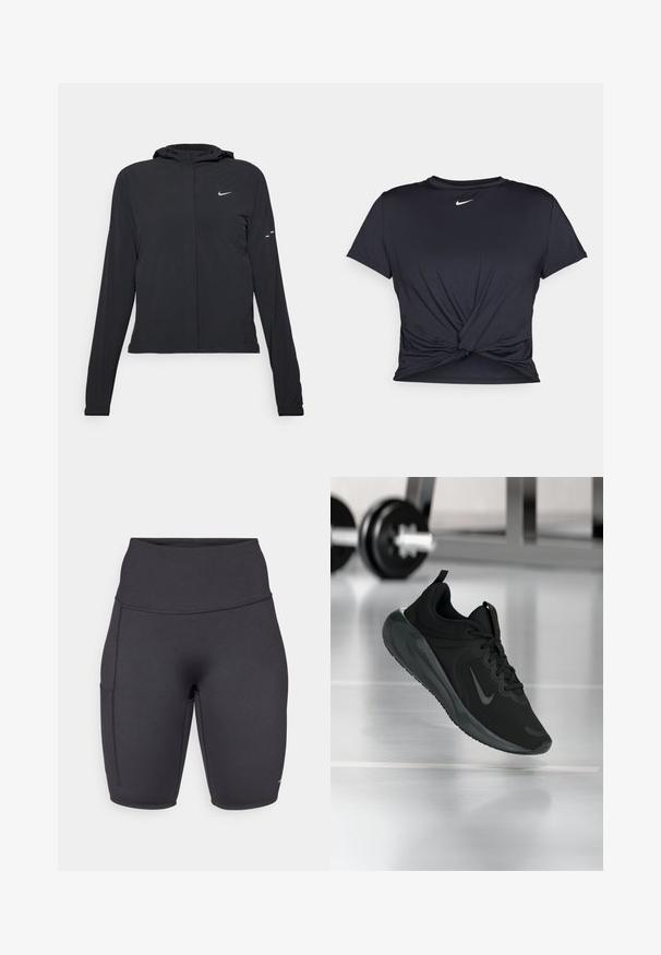 Casaco preto com capuz e mangas longas, feito de material leve. Apresenta um fecho dourado na frente, um logótipo da Nike e detalhes de design subtis.; T-shirt atlético preto feito de tecido liso, apresentando um design frontal com nó e um pequeno logótipo branco da Nike no peito.; Calções de bicicleta pretos de cintura alta feitos de um material elástico, apresentando um bolso de lado, textura suave e costuras lisas para conforto.; Sapatilha desportiva preta com o logotipo da Nike, mostrada em pleno ar sobre o chão do ginásio, com um suporte de halteres desfocado ao fundo.